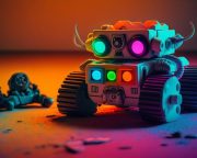 robo-fun-80s-toy-robot-on-neon-colored-flooring-ai-generated-free-photo